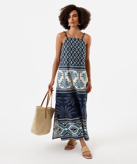 vestido midi alça fina feminino com viscose e fendas estampado azul