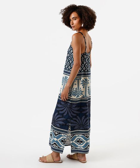 vestido midi alça fina feminino com viscose e fendas estampado azul
