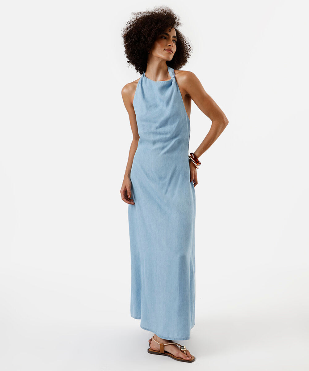 vestido midi feminino jeans frente única azul