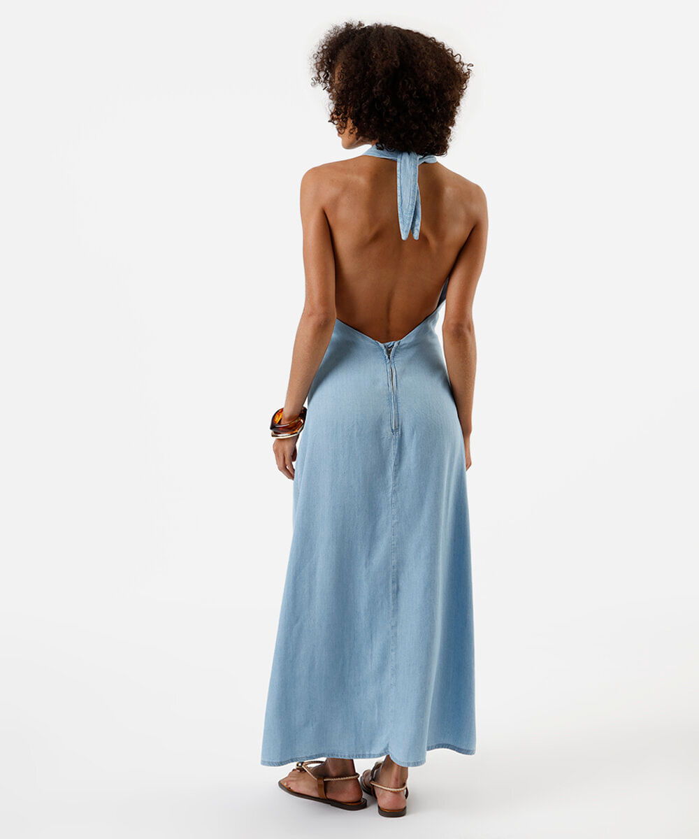 vestido midi feminino jeans frente única azul