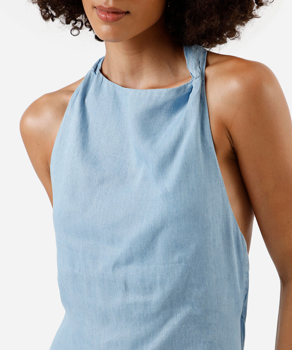 vestido midi feminino jeans frente única azul