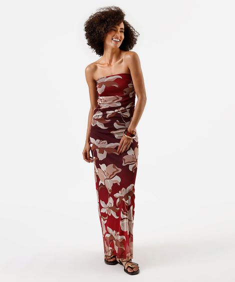 vestido longo feminino de tule sem alça franzido floral vinho