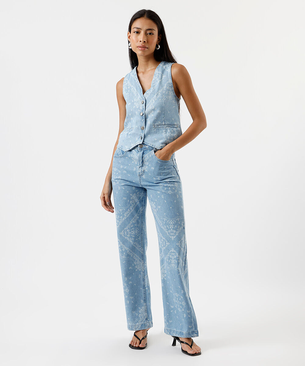 calça wide leg slim feminina jeans paisley azul