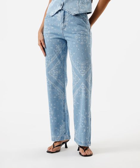 calça wide leg slim feminina jeans paisley azul