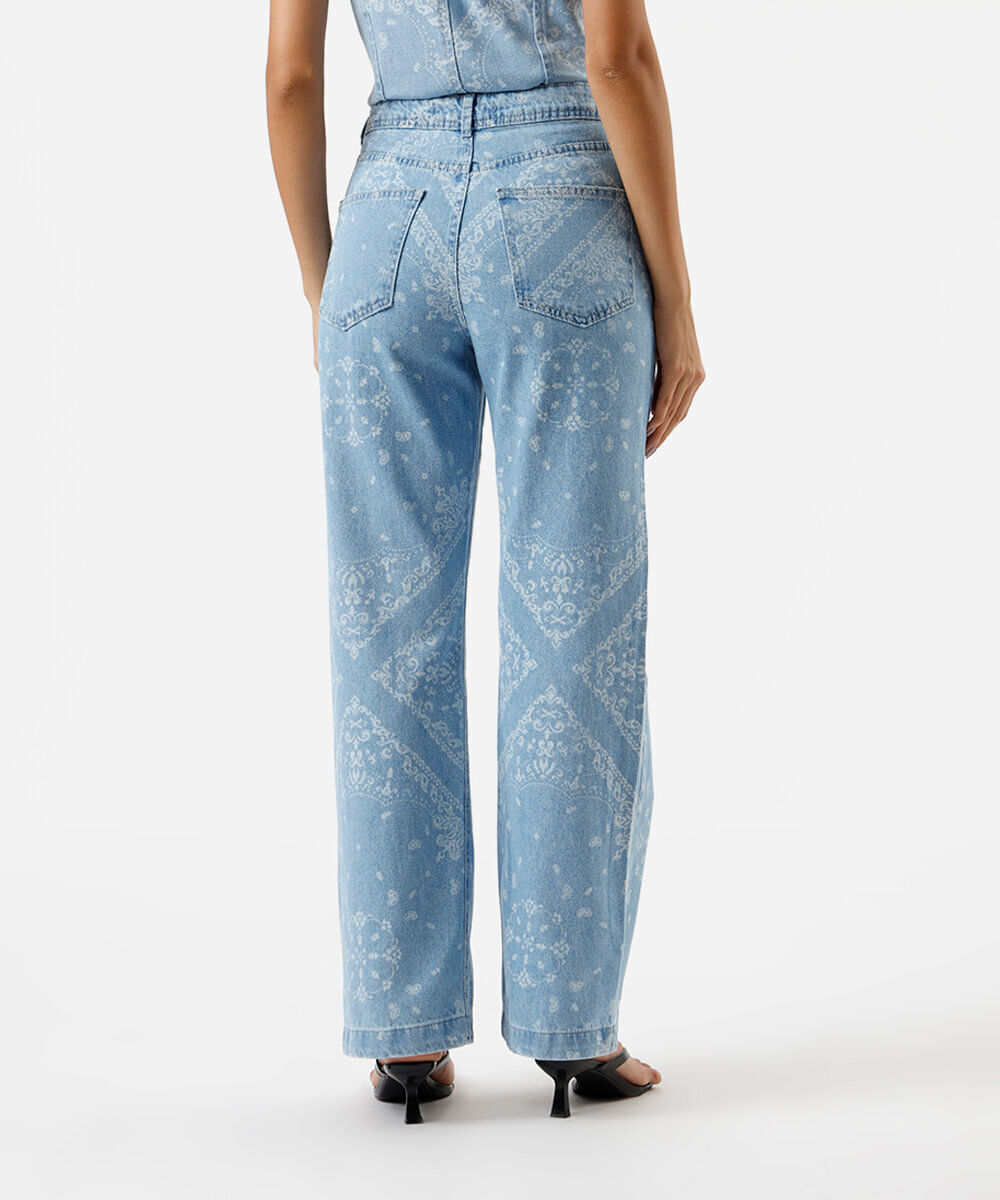 calça wide leg slim feminina jeans paisley azul