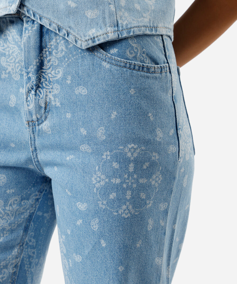 calça wide leg slim feminina jeans paisley azul