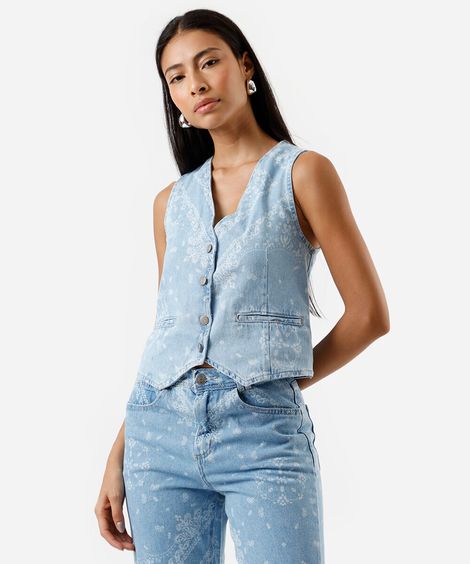 colete feminino jeans paisley azul