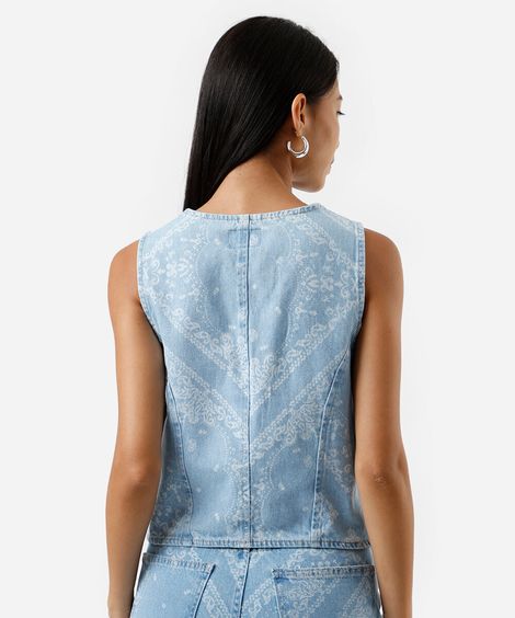 colete feminino jeans paisley azul