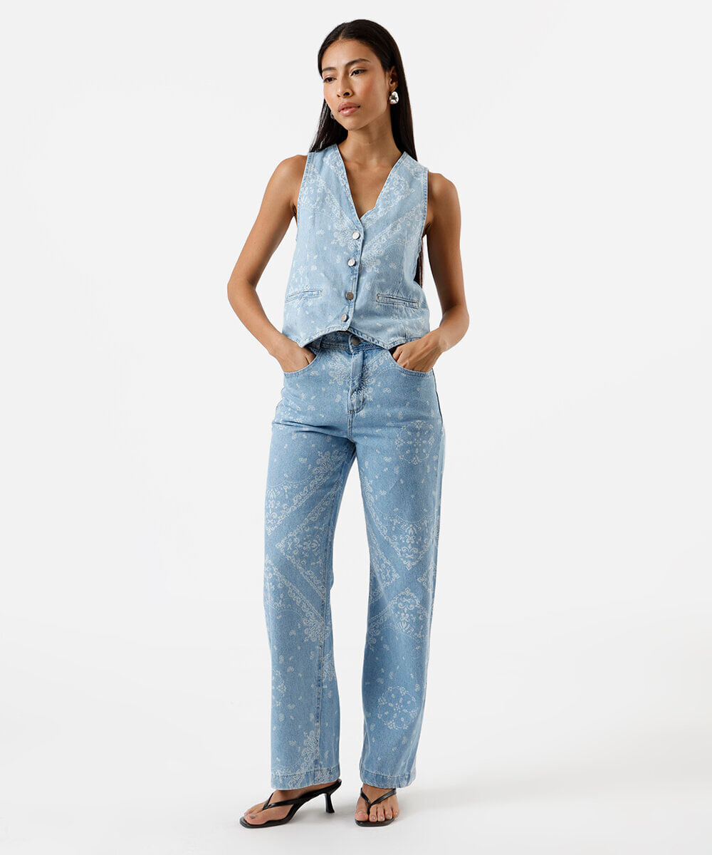 colete feminino jeans paisley azul