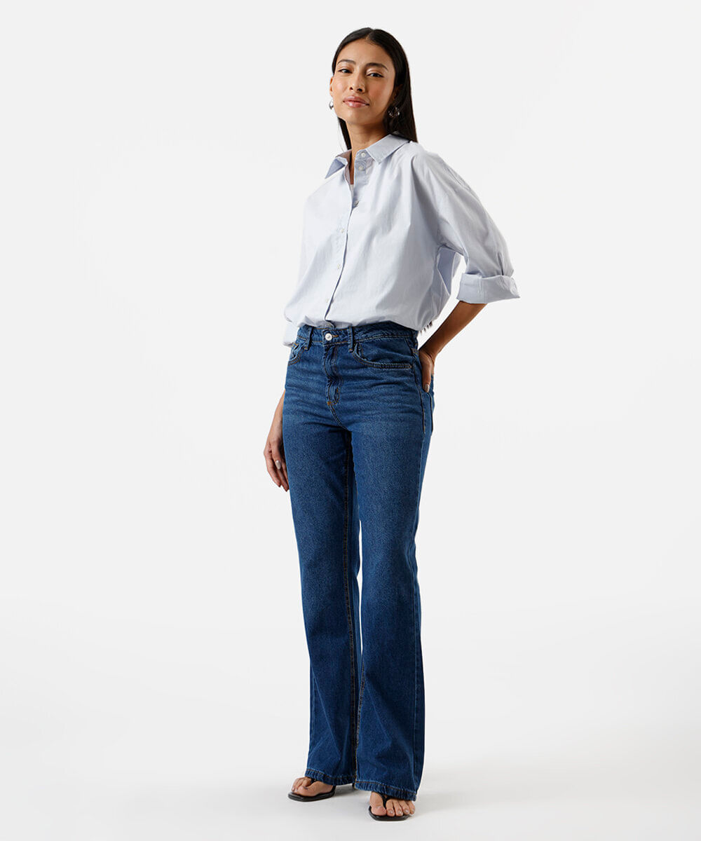 calça flare feminina jeans cintura alta azul