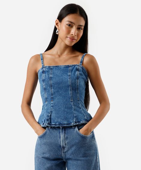 blusa peplum feminina jeans com recortes azul