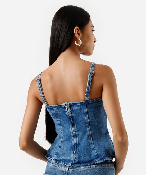 blusa peplum feminina jeans com recortes azul