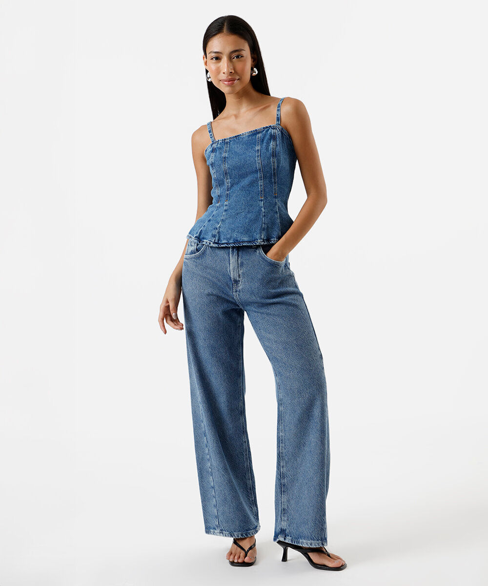 blusa peplum feminina jeans com recortes azul