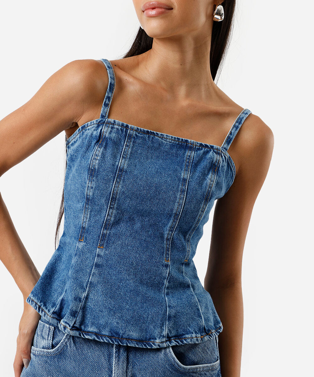 blusa peplum feminina jeans com recortes azul