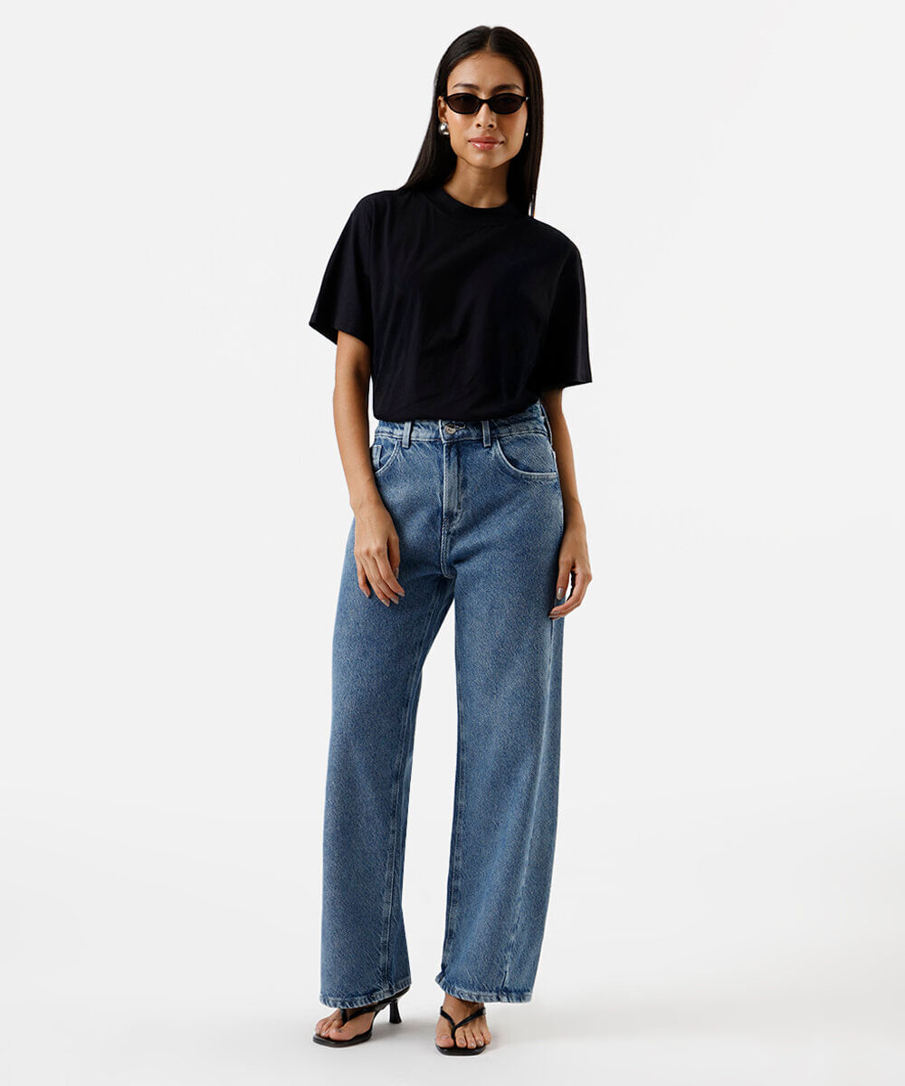calça reta feminina jeans oversized azul