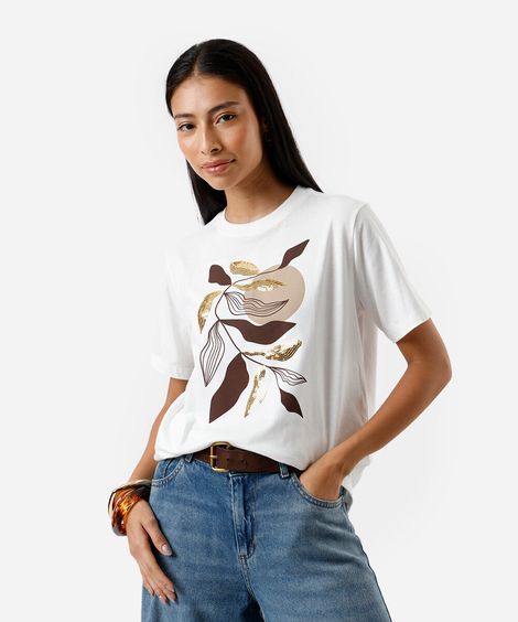 camiseta feminina de algodão estampa com paetê off white