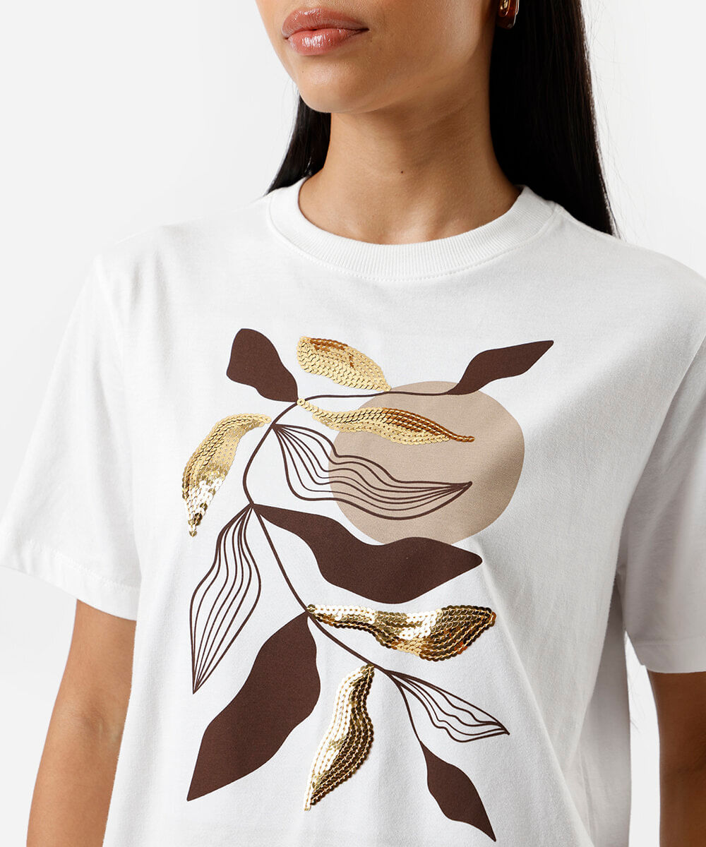 camiseta feminina de algodão estampa com paetê off white