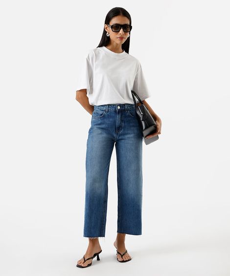 calça wide leg cropped feminina jeans azul