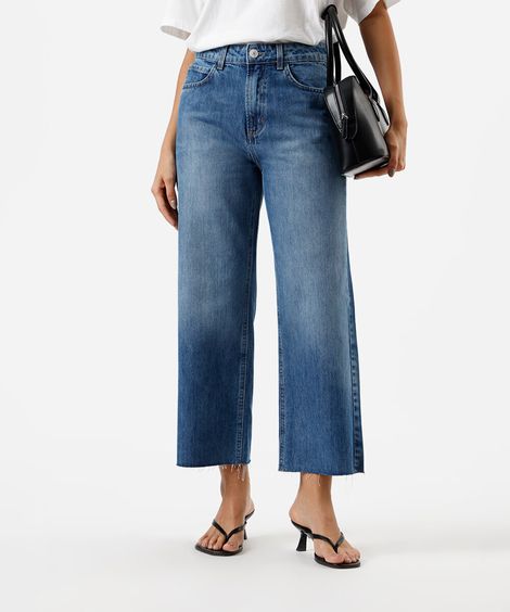 calça wide leg cropped feminina jeans azul