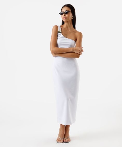 vestido midi feminino ombro único franzido branco