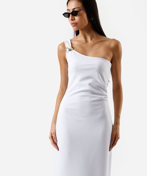 vestido midi feminino ombro único franzido branco
