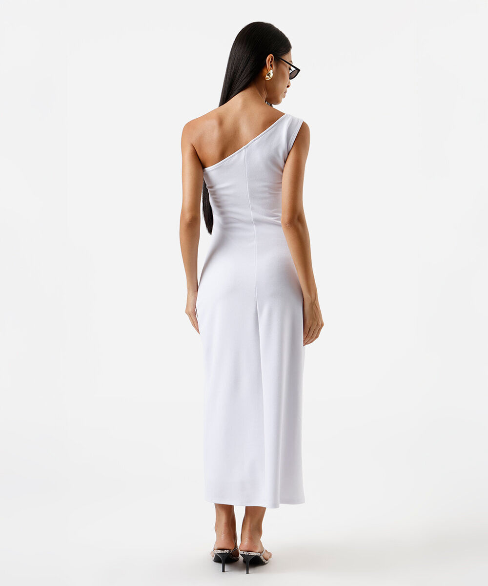 vestido midi feminino ombro único franzido branco