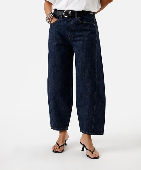 calça barrel feminina jeans cintura média azul