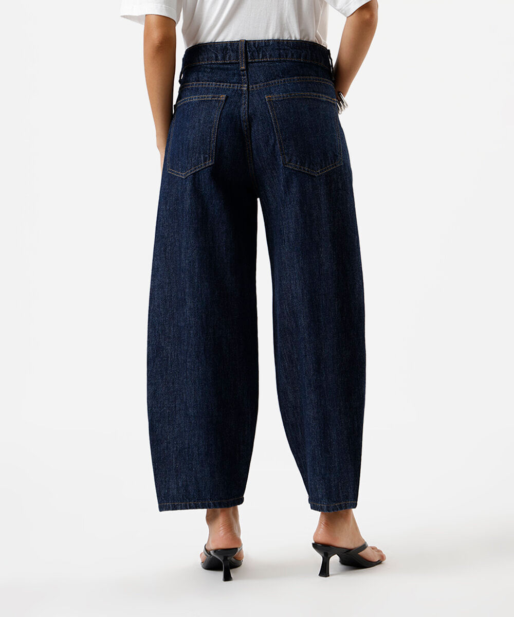 calça barrel feminina jeans cintura média azul