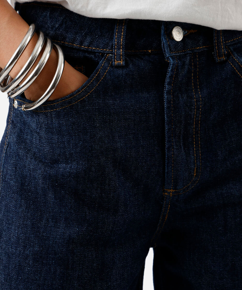 calça barrel feminina jeans cintura média azul