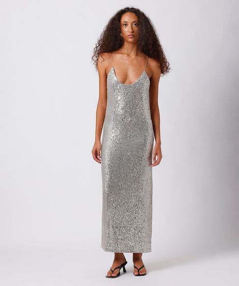 vestido midi alça fina feminino de paetê mindset prateado