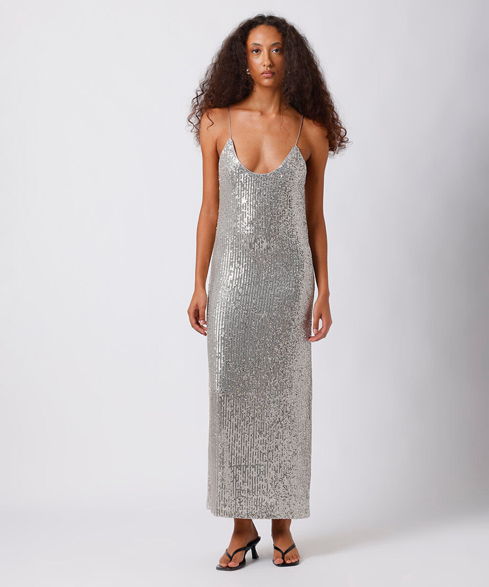 vestido midi alça fina feminino de paetê mindset prateado