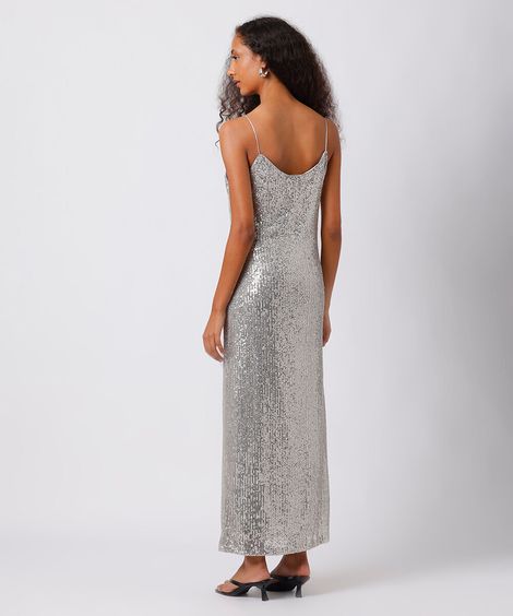 vestido midi alça fina feminino de paetê mindset prateado