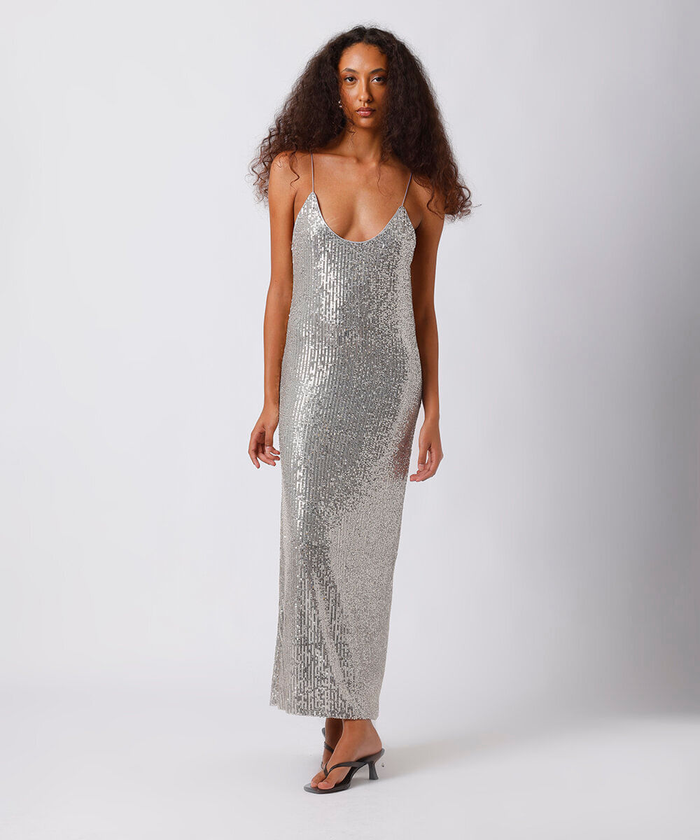 vestido midi alça fina feminino de paetê mindset prateado