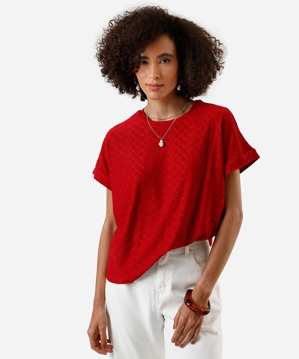 blusa feminina de laise manga curta vermelha