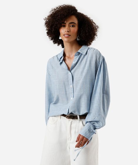 camisa feminina com algodão manga bufante listrada azul