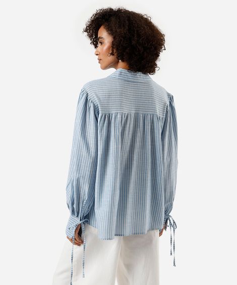 camisa feminina com algodão manga bufante listrada azul