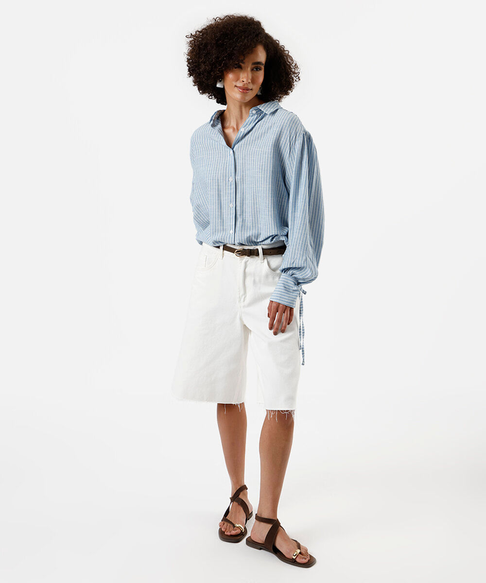 camisa feminina com algodão manga bufante listrada azul