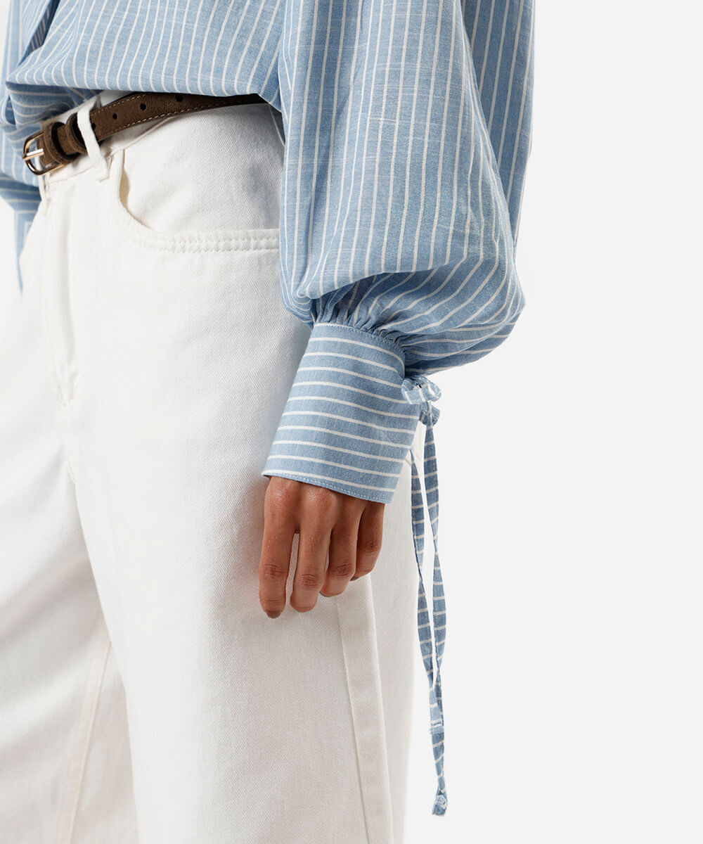 camisa feminina com algodão manga bufante listrada azul
