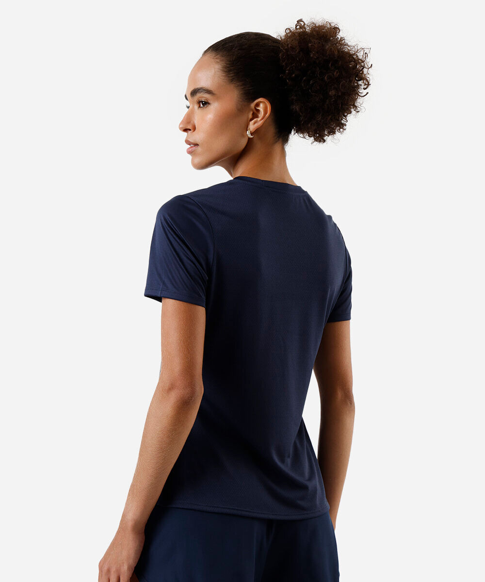 camiseta feminina com refletivo no ombro azul
