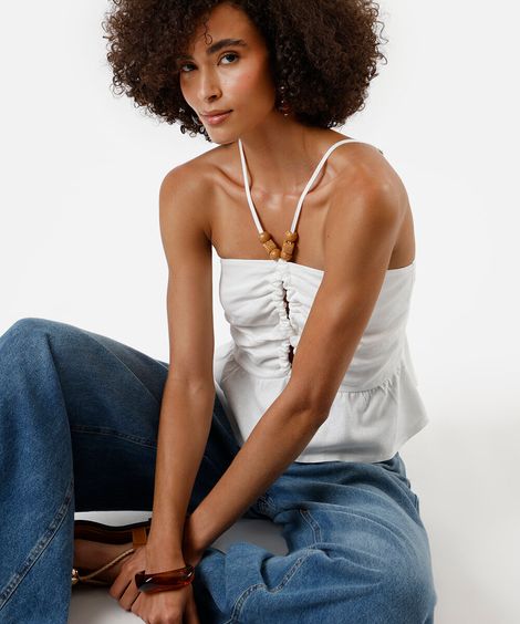 blusa peplum feminina com linho franzida off white