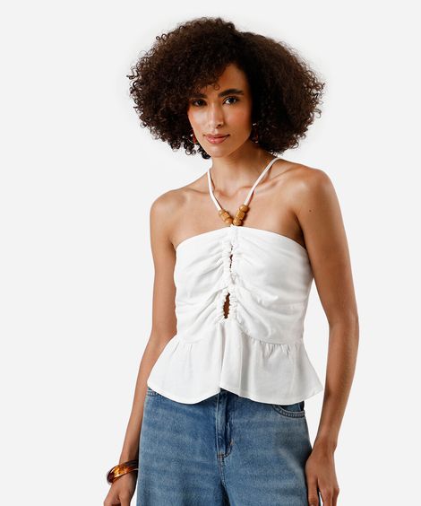 blusa peplum feminina com linho franzida off white