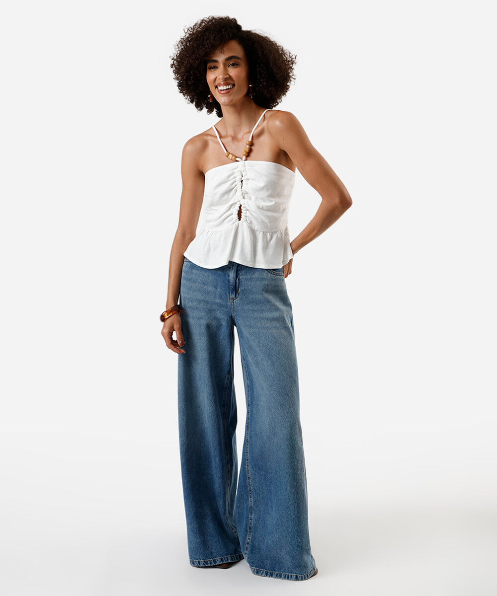 blusa peplum feminina com linho franzida off white