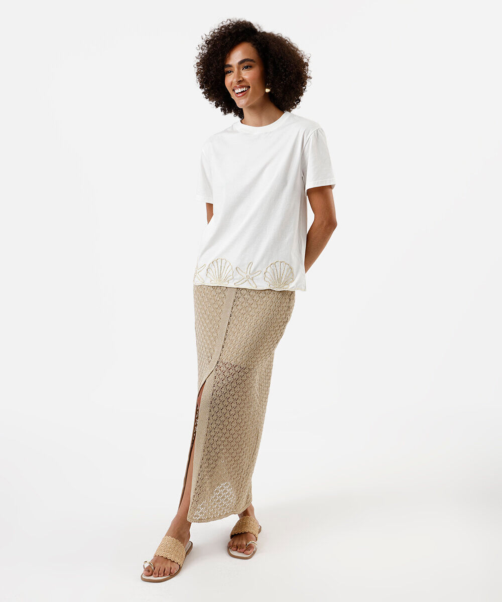 saia midi feminina de tricot com lurex e fenda dourada