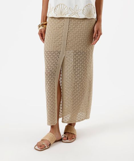 saia midi feminina de tricot com lurex e fenda dourada