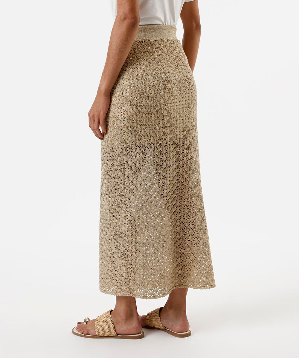 saia midi feminina de tricot com lurex e fenda dourada