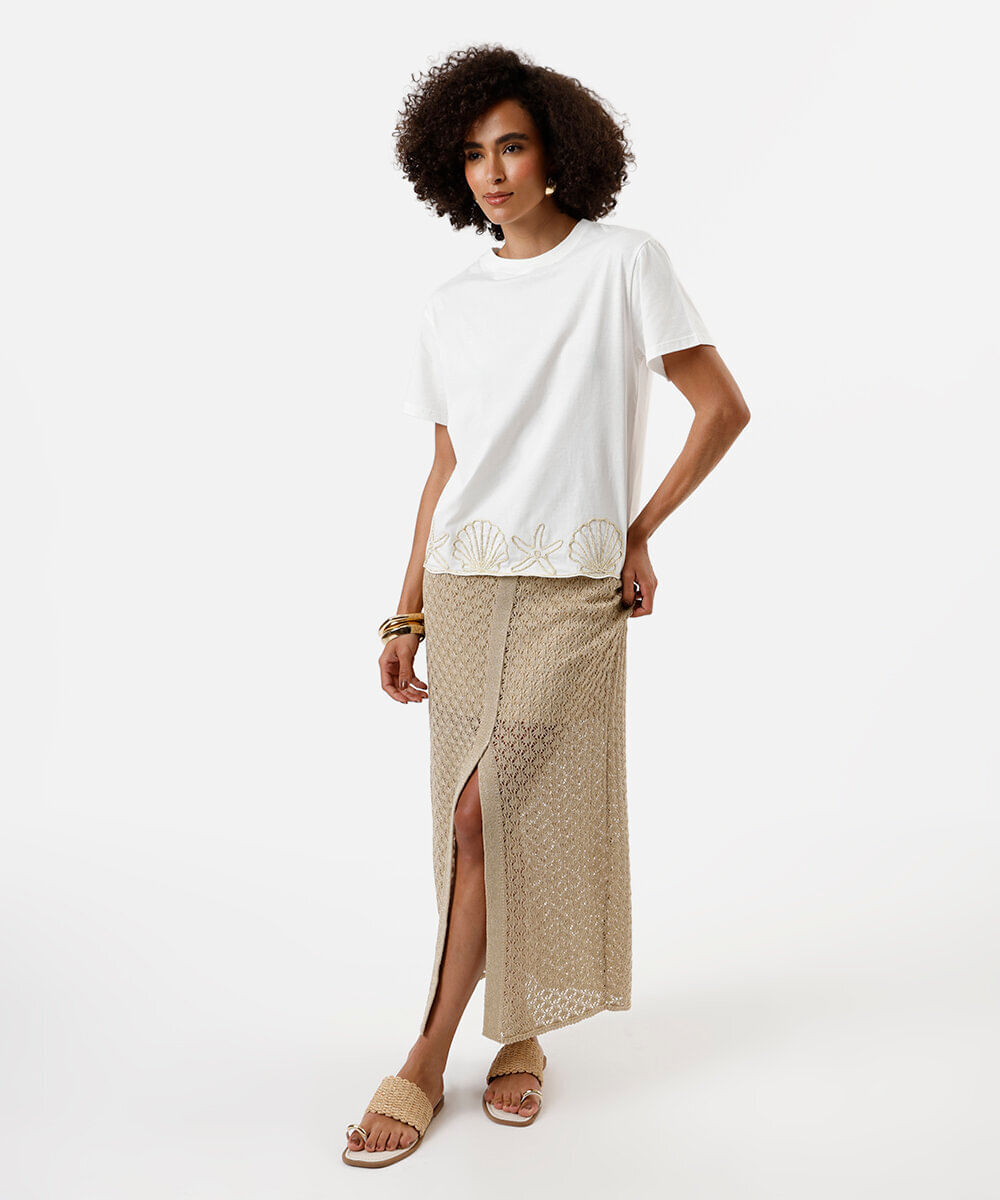 saia midi feminina de tricot com lurex e fenda dourada