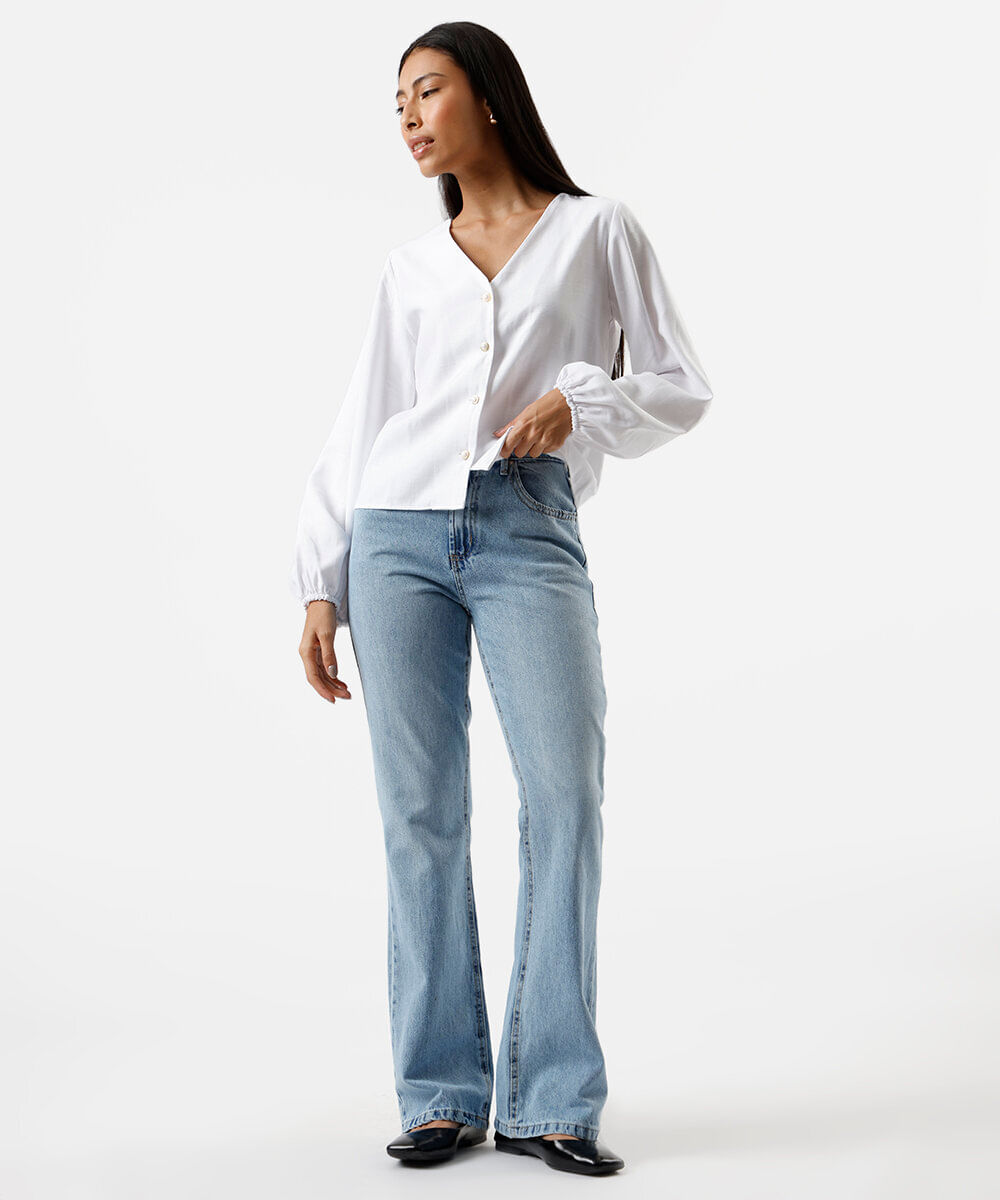 calça flare feminina jeans cintura alta azul