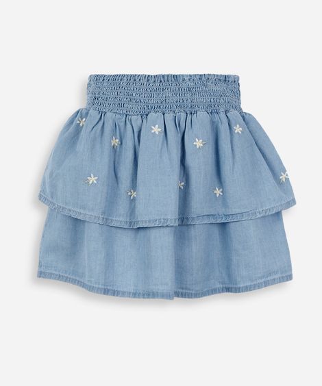 saia infantil jeans bordada floral azul