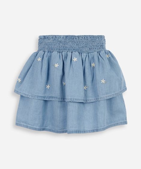 saia infantil jeans bordada floral azul