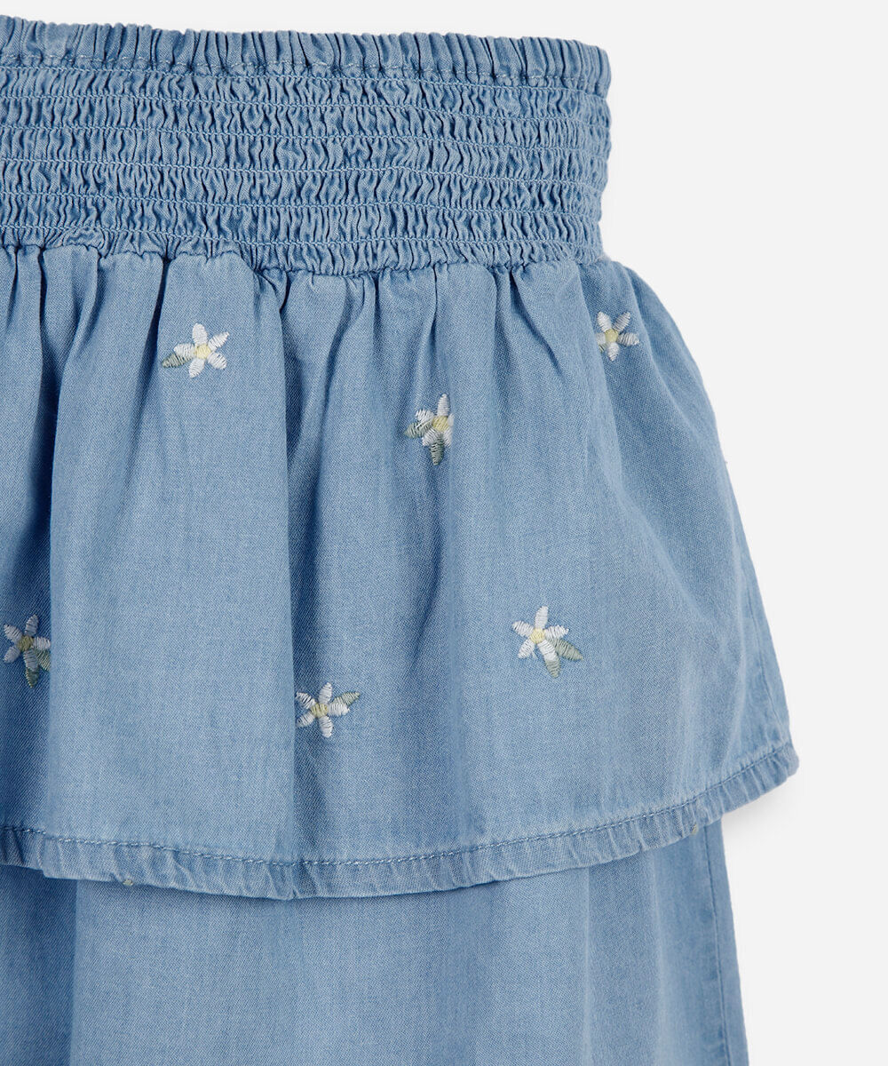 saia infantil jeans bordada floral azul